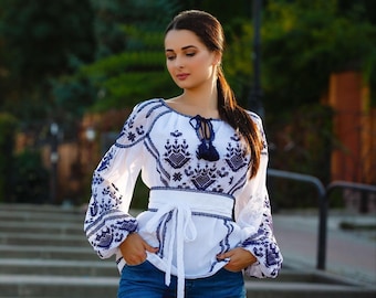 Designer Vyshyvanka Blouse, White Embroidered Linen Tunic, Ukrainian Style