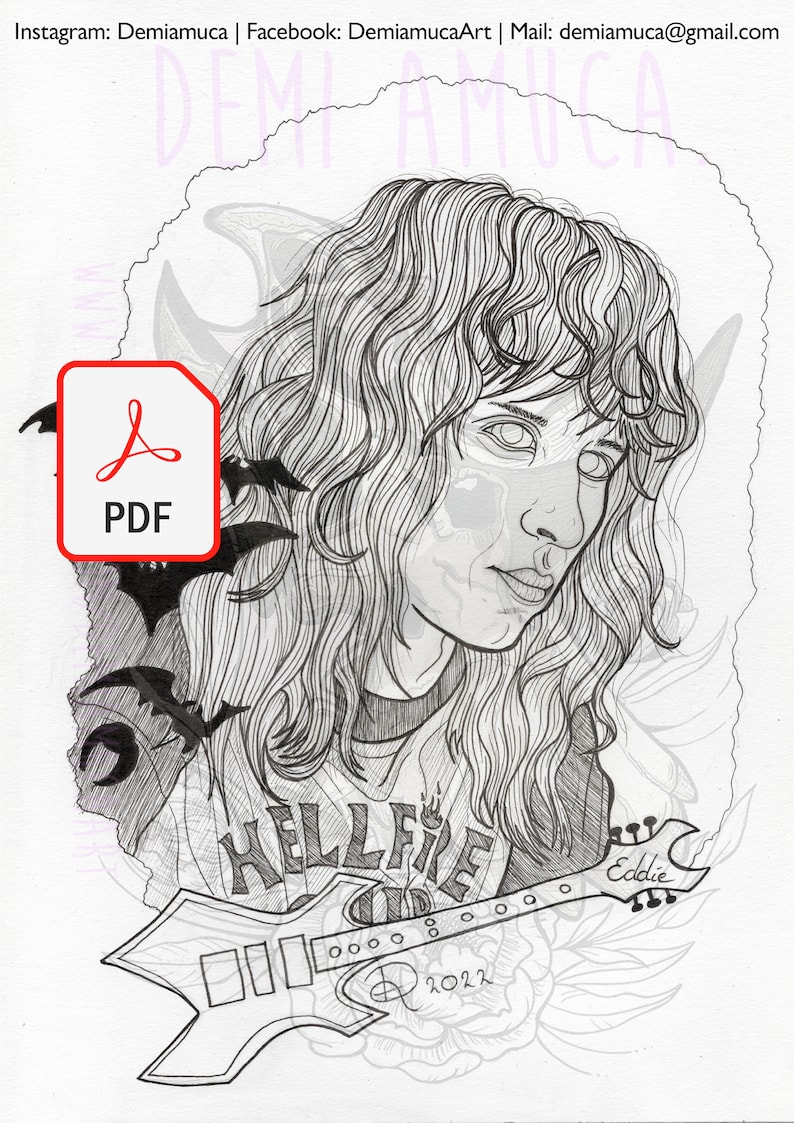 Coloring Page Eddie Munson Stranger Things Guitar Metal Etsy