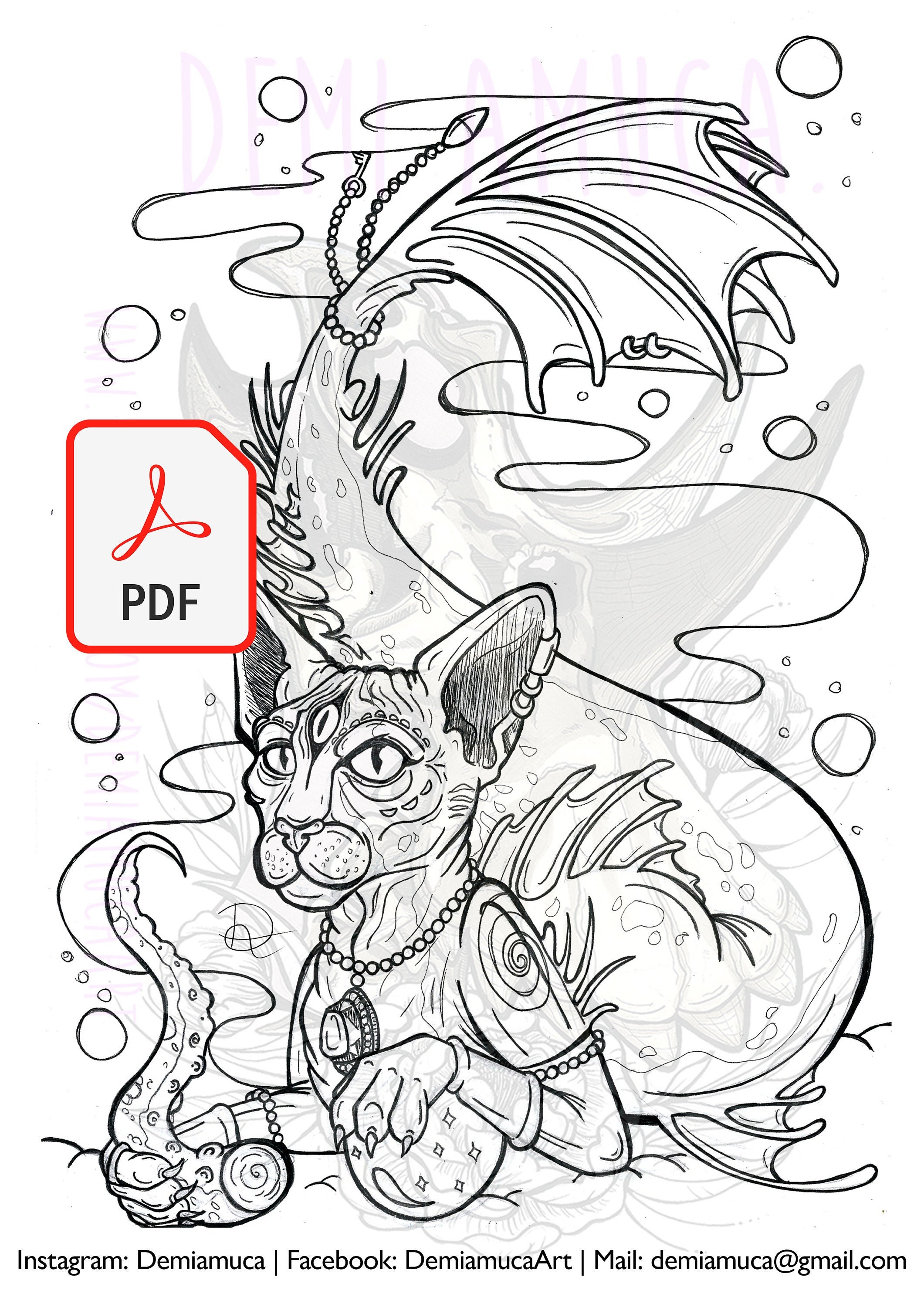 Coloring Page Mercat Sphynx Mermaid Mermay Catfish - Etsy