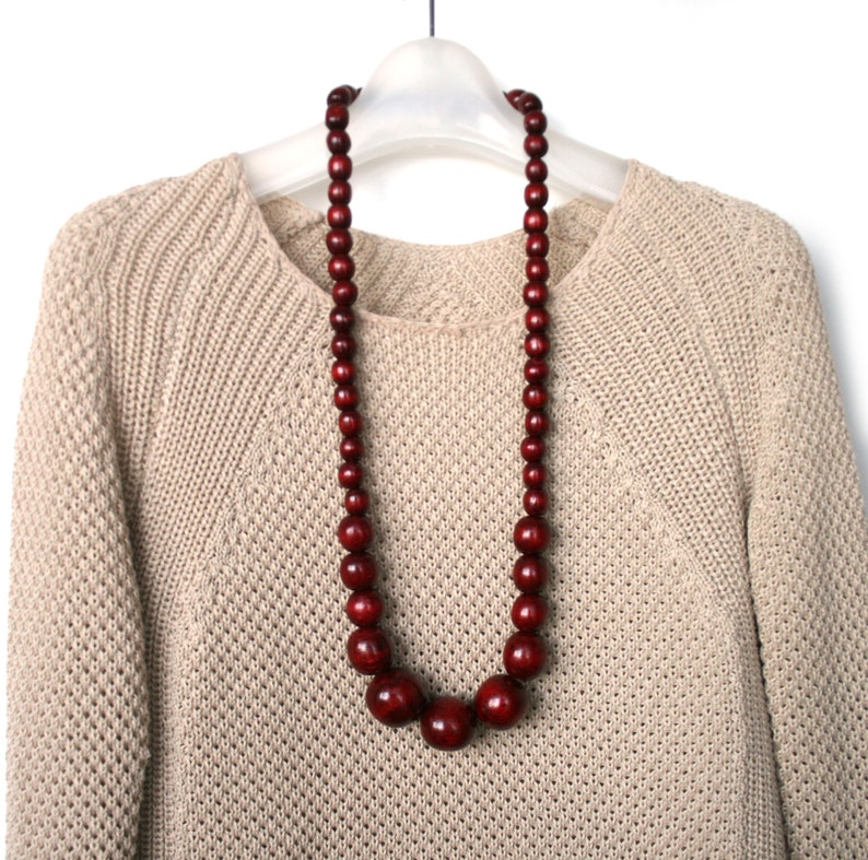 wood statement necklace natural wooden bead necklace Burgundy bead necklace for women long beaded necklace dark red handmade jewelry