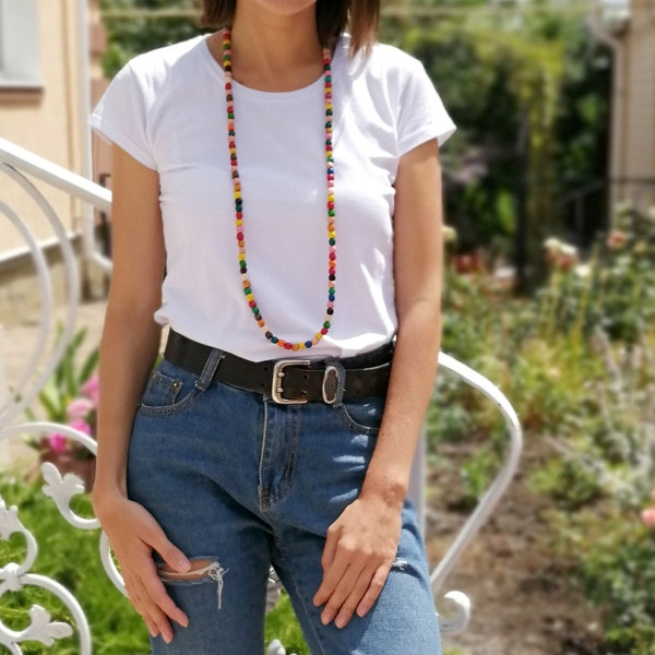 Colorful Rainbow Long Beaded Necklace for Women with Simple Multicolored Wooden Beads, Casual Jewelry Perfect for Summer