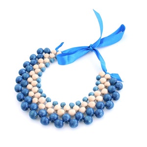 Handmade Blue Wood Bead Bib Necklace for Women Bold Chunky Collar Statement Jewelry from Ukraine, Nature-inspired Artisan jewelry image 2