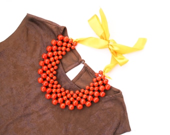 Orange Wooden Bead Necklace for Women – Bold Chunky Statement Bib Necklace, Unique Beaded Jewelry