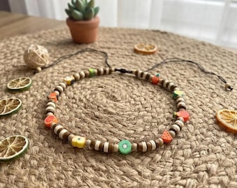 Wooden Bead Choker – Cute Fruit Beads – Adjustable Boho Necklace – Metal Free Jewelry for Women and Teens