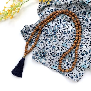 Wood bead necklace with tassle, Boho wooden long beaded necklace, natural beige mala necklace for women, handmade yoga beaded jewelry