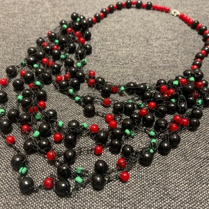 Ukrainian Crochet Eco-Friendly Black Red Wood Bed Necklace - Multi-Layer Handcrafted Jewelry