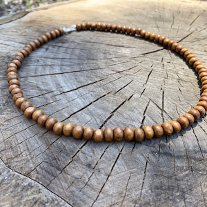 Small wood bead necklace for women or men, tiny natural choker necklace under 10, boho wooden layered necklace with clasp, handmade jewelry image 1