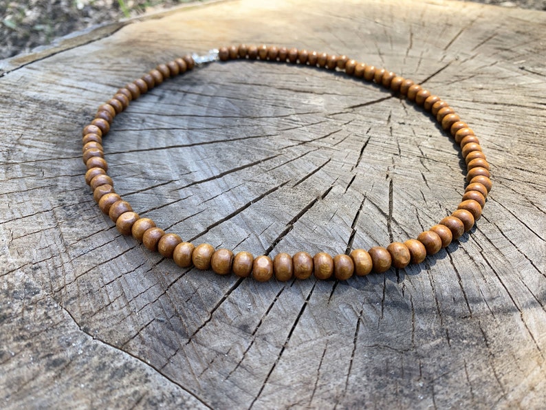 Small wood bead necklace for women or men, tiny natural choker necklace under 10, boho wooden layered necklace with clasp, handmade jewelry image 1