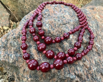 Burgundy Chunky Ukrainian Wood Bead Necklace for Women, Handmade Boho Multi-Layered Beaded Necklace, Eco-Friendly Rustic Ethnic Jewelry