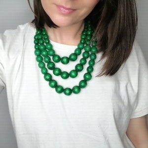 Green wood bead necklace for women, handmade wooden Chunky multi layer necklace, statement Boho multistrand necklace