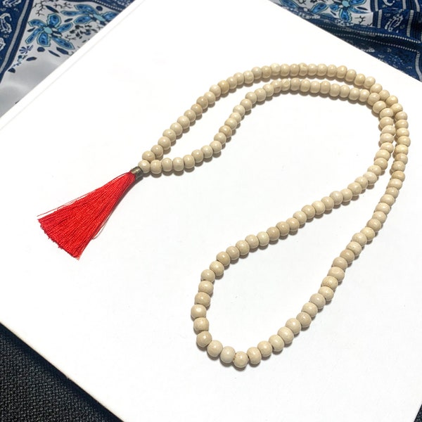 Wooden Bead Necklace with Red Tassel, Long Boho Wood Bead Necklace, Everyday Ivory Mala Necklace