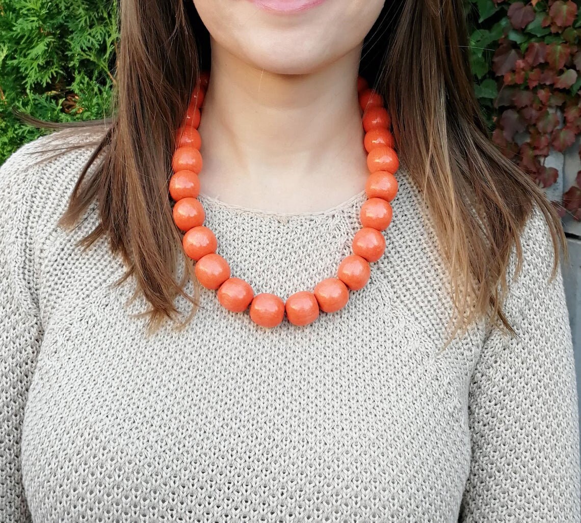 Orange necklace for women big beaded neklace wood bead Etsy