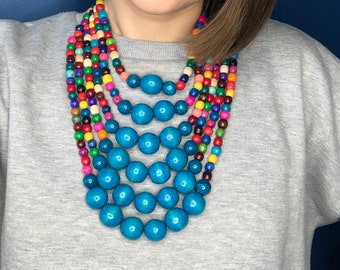 Chunky multi strand beaded necklace for women, statement graduated wood bead necklace, blue multi layer wooden necklace