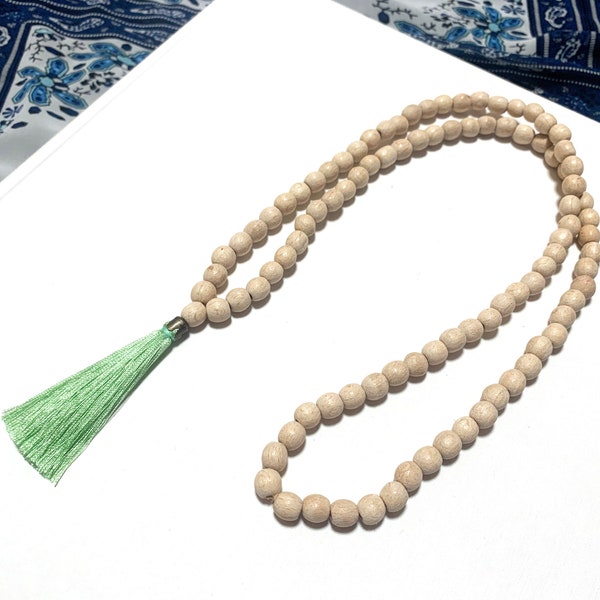 Long Boho Tassel Necklace with Mint Green Tassel, mala wood bead necklace, Everyday Hippie Chic Necklace