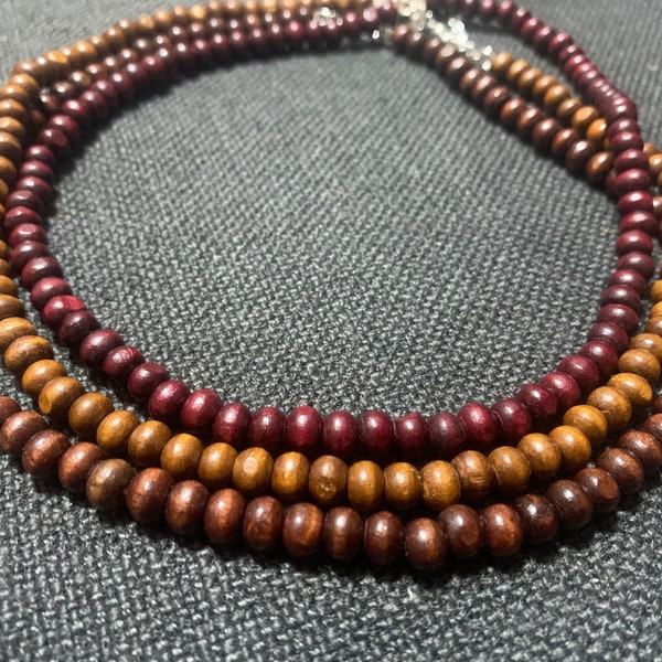 Unisex Tiny Layered Wood Bead Choker Necklace for Men or Women, Handmade Short Necklace Brown Burgundy, Small Wooden Bead Necklaces