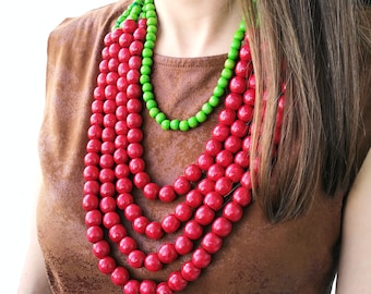 Handmade Ethnic Red Chunky Wood Beaded Multi-Layered Statement Necklace for Women, Long Natural Bohemian Wooden Necklace