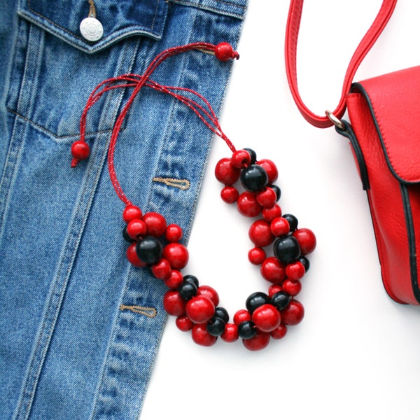 Rot schwarze Holzperlenkette für Frauen, große dicke Holzperlenkette, große Statement Perlenkette, handgemachter Schmuck