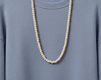 Unisex Ivory Long Wooden Beaded Necklace - Tribal, Bohemian and Simple Handmade Jewelry