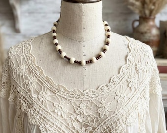 Wood Bead Choker Necklace – Mixed Bead Sizes, Natural Boho Jewelry