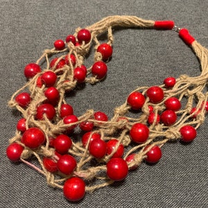 Chunky Red Wooden Bead Necklace - Handmade Knotted Necklace with Natural Cord and Wooden Beads