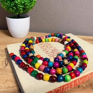 Puede incluir: Un collar de cuentas de colores con cuentas redondas de madera en tonos rojos, azules, verdes, amarillos y rosas. El collar está sobre un libro. Una pequeña planta en maceta se ve en el fondo.