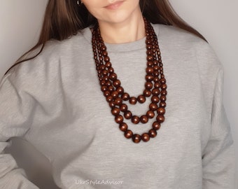 Chunky wood bead necklace for women, Wooden boho statement necklace, brown multi layer beaded necklace, natural graduated layered necklace