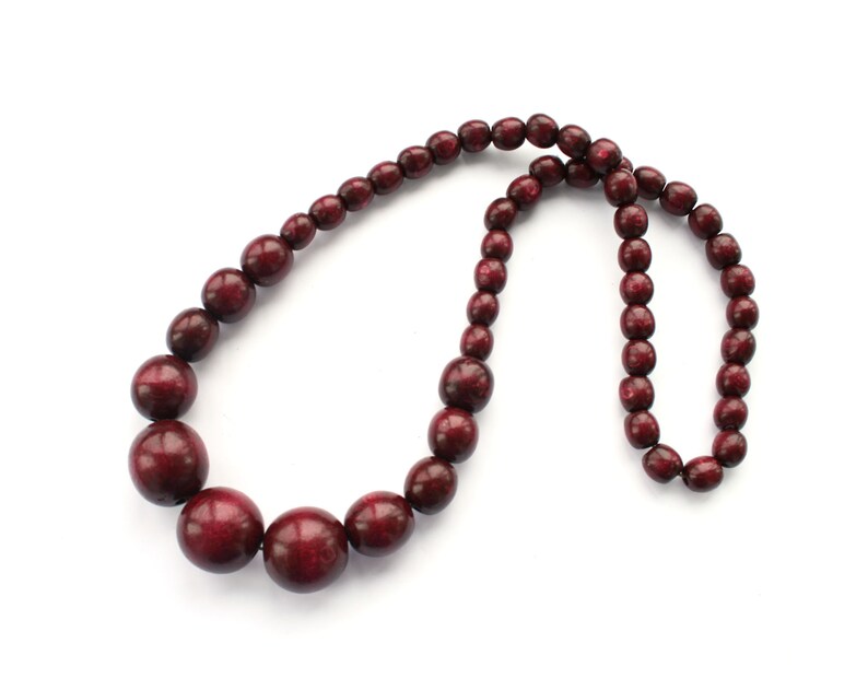 wood statement necklace natural wooden bead necklace Burgundy bead necklace for women long beaded necklace dark red handmade jewelry