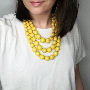 Yellow wood bead necklace for women, handmade wooden Chunky multi layer necklace, statement Boho Chic multistrand necklace