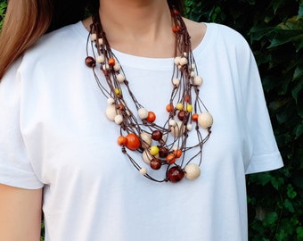 Layered wooden necklace for women, boho statement wood bead necklace, chunky brown multi layer necklace, natural wood bib necklace