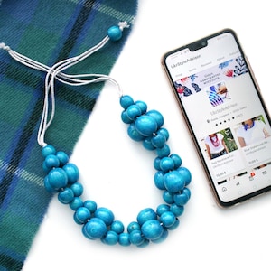 Chunky wooden necklace for women, big modern blue bead necklace, massive teal wood bib necklace, painted turquoise wood bead necklace