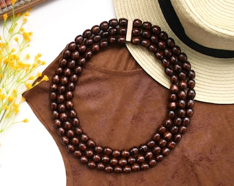 Triple Strand Wood Bead Necklace, Elastic Multi-Layer Wooden Beads, Dark Chocolate Brown Wood Jewelry, Simple Lightweight Necklace, No Clasp