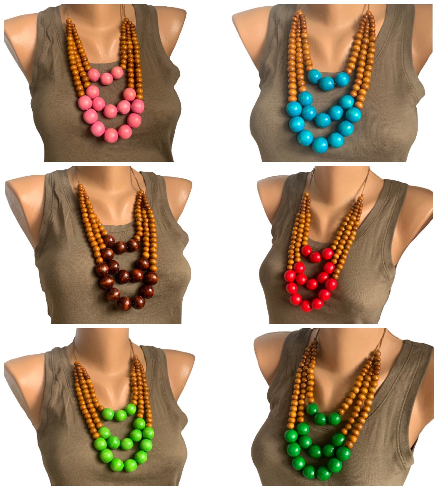 Handcrafted Layers Handcrafted Chunky Multi-layered Wood Bead Necklace, Statement Wooden 3 ...