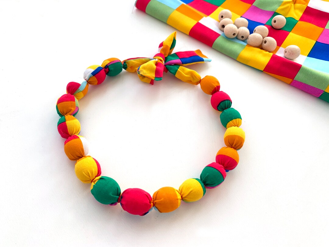 Сolorful Fabric Covered Bead Necklace Handmade Wood Bead Etsy