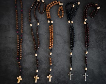 Christian wooden rosary beads, religious wood prayer beads, spiritual devotional necklace