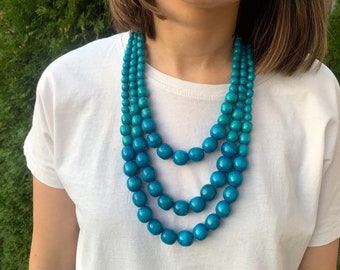 Teal wood bead necklace for woman, light blue multi layered wooden necklace, rustic handmade jewelry