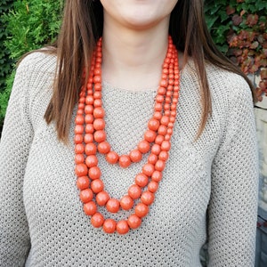 Chunky Orange Wood Bead Necklace, Handmade Elastic Multi-Layered Statement Necklace for Women Who Love Artisan  Nature-inspired jewelry