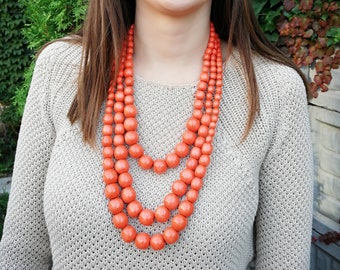 Chunky Orange Wood Bead Necklace: Handmade Multi-Layered Statement Jewelry