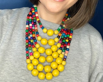 Chunky Multilayer Wooden Bead Necklace, Statement Large Bead Necklace, Rainbow Colored Artisan Necklace
