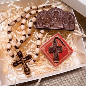 Orthodox Christian Gift Set, Car Rosary Beads and Wooden Icon, Religious Car Charm and Prayer Beads, Christian Home Protection Gift image 1