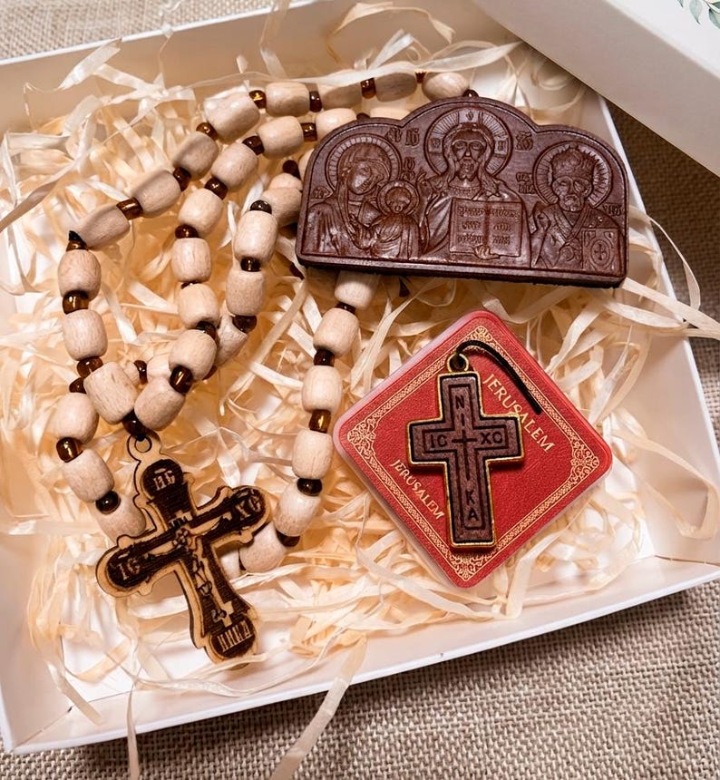 Orthodox Christian Gift Set, Car Rosary Beads and Wooden Icon, Religious Car Charm and Prayer Beads, Christian Home Protection Gift image 1