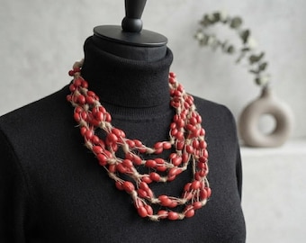 Red wooden necklace for women, Handmade Wood Beaded Necklace with Jute Cord, Chunky Multistrand Bib Necklace
