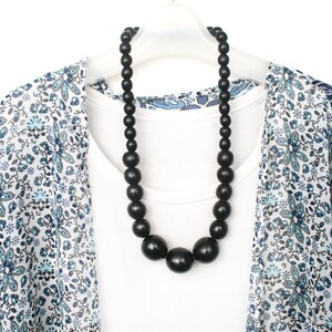 Black Chunky Necklace for Women - Handmade Wood Bead Necklace, Wooden Big Bead Statement Necklace image 1