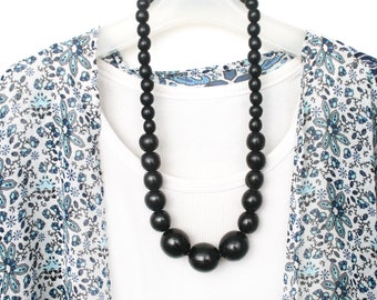 Black Chunky Necklace for Women - Handmade Wood Bead Necklace, Wooden Big Bead Statement Necklace