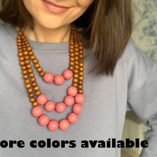 Handcrafted Chunky Multi-layered Wood Bead Necklace, Statement  Wooden 3 layer bib necklace, Natural Jewelry from Ukraine