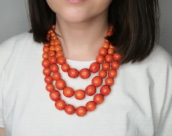 Handmade Orange Wood Bead Necklace: Chunky Boho Statement Jewelry