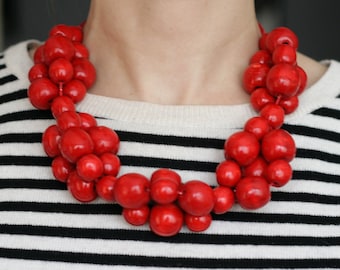 Statement bright red bead necklace for women, chunky ukrainian natural handmade jewelry, large bib wooden bead necklace