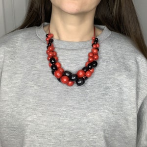 Handmade Ukrainian Rustic-Style Red Wood Beaded Bib Necklace for Women, Modern Wooden Bead Necklace