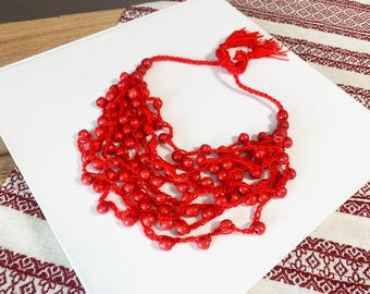 Red Wood bead necklace for women, statement wooden multi layer necklace, handmade natural rustic necklace