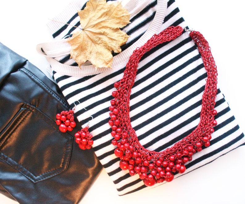 chunky statement necklace Wooden jewelry set red ecklace