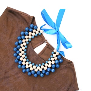 Handmade Blue Wood Bead Bib Necklace for Women Bold Chunky Collar Statement Jewelry from Ukraine, Nature-inspired Artisan jewelry image 1